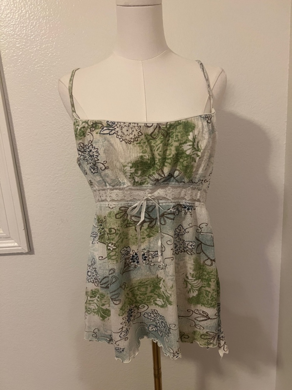 Floral Lace-Trim Green & Blue Tank Top